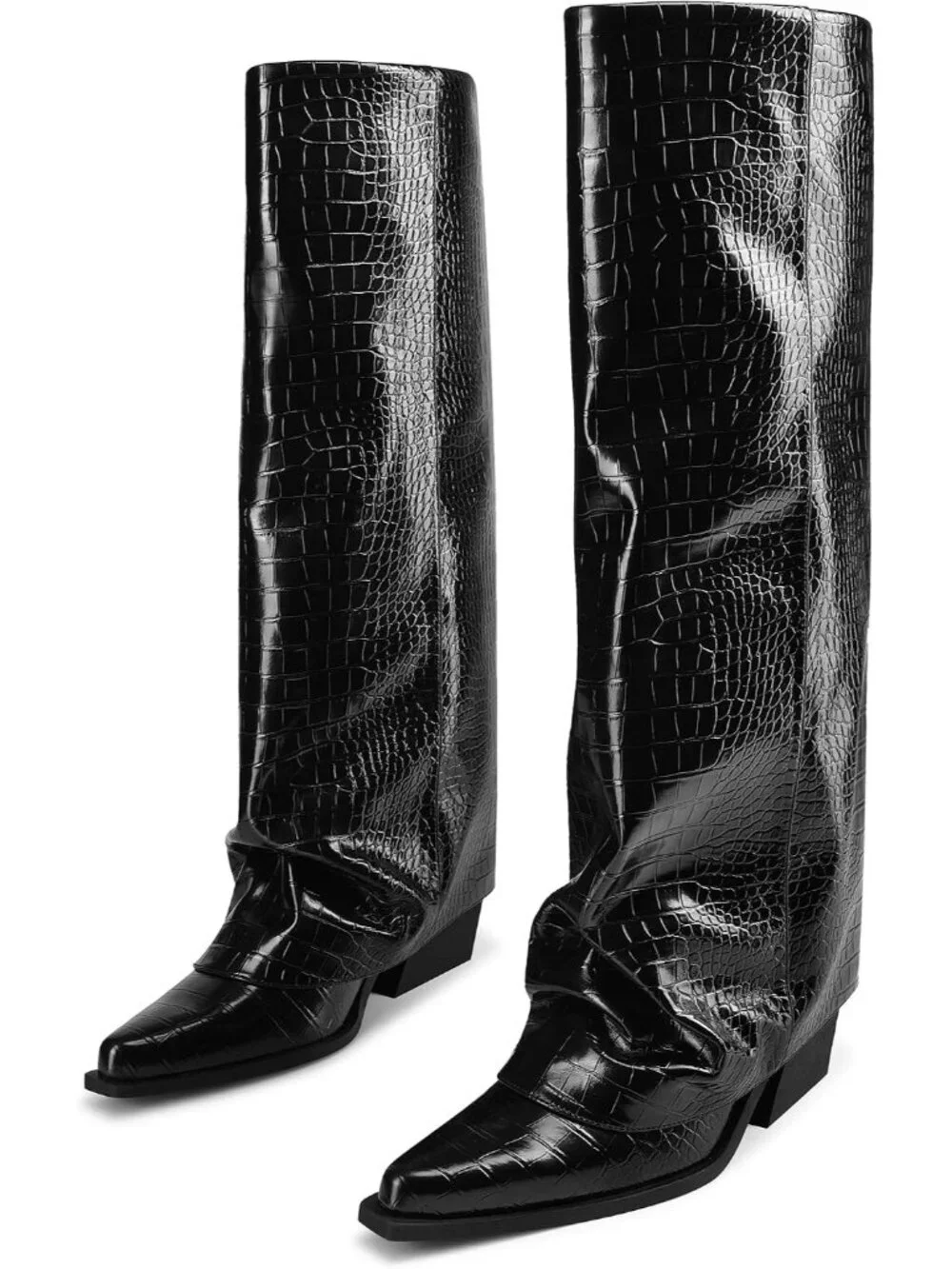 Women's Snake Skin Chunky Heel Pointed Toe Fold Over Wide Calf Knee High Boots